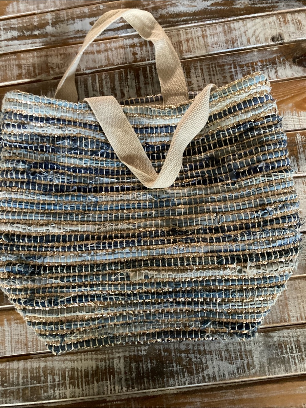 Woven Striped Tote Bag in Blue and Cream